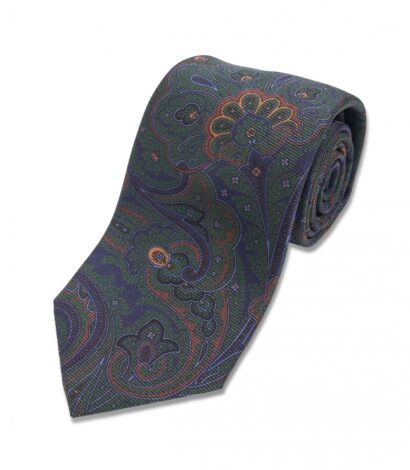 Navy, Green, Brown and Gold Large Floral Silk Necktie - custom suits nyc bespoke tailor midtown, noho