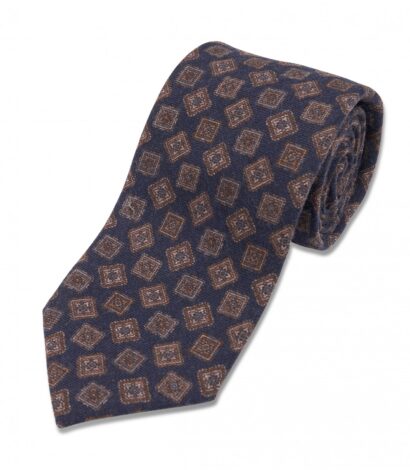 Navy Blue with Brown Large Medallion Wool Necktie - custom suits nyc bespoke tailor midtown, noho