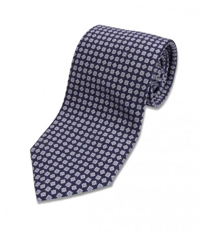 (product) Navy with Red & White Medallion Silk Necktie, Rolled - custom suits nyc bespoke tailor midtown, noho