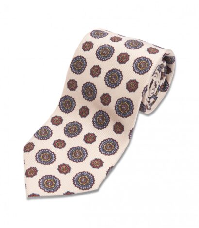(product) Ivory with Blue, Orange, Green Large Medallion Silk Necktie, Rolled - custom suits nyc bespoke tailor midtown, noho