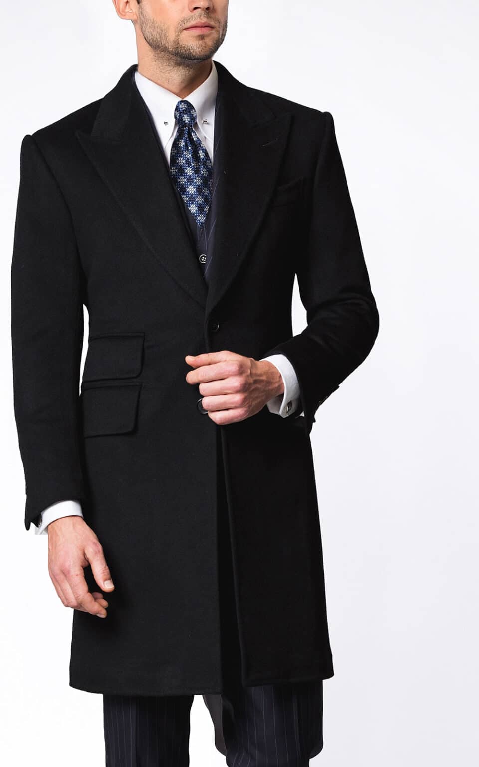 (product) Midnight Blue Overcoat, modeled front view with buttoned detail - custom suits nyc bespoke tailor midtown, noho