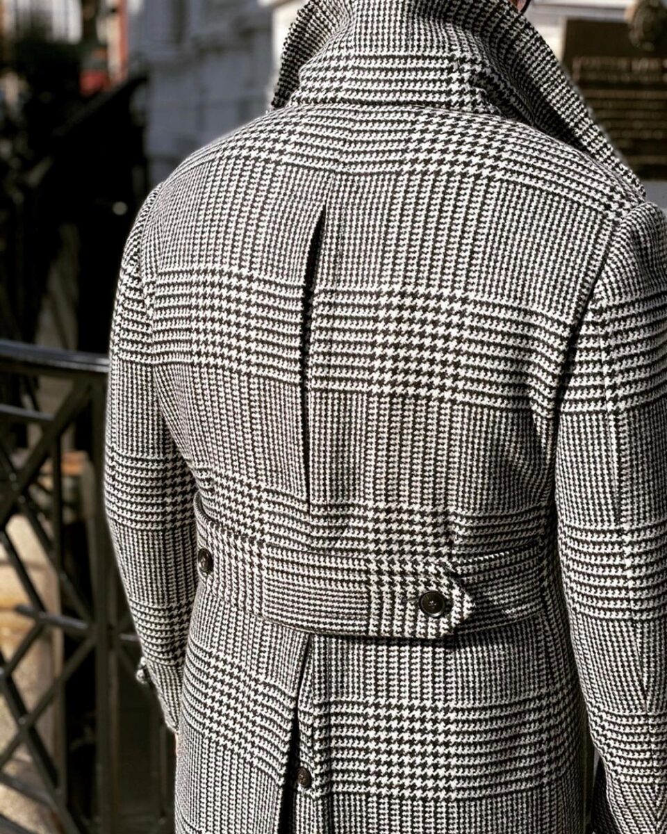 (product) Bespoke Black & White Glen Urquhart Great Coat, back view featuring belt detail - custom suits nyc bespoke tailor midtown, noho