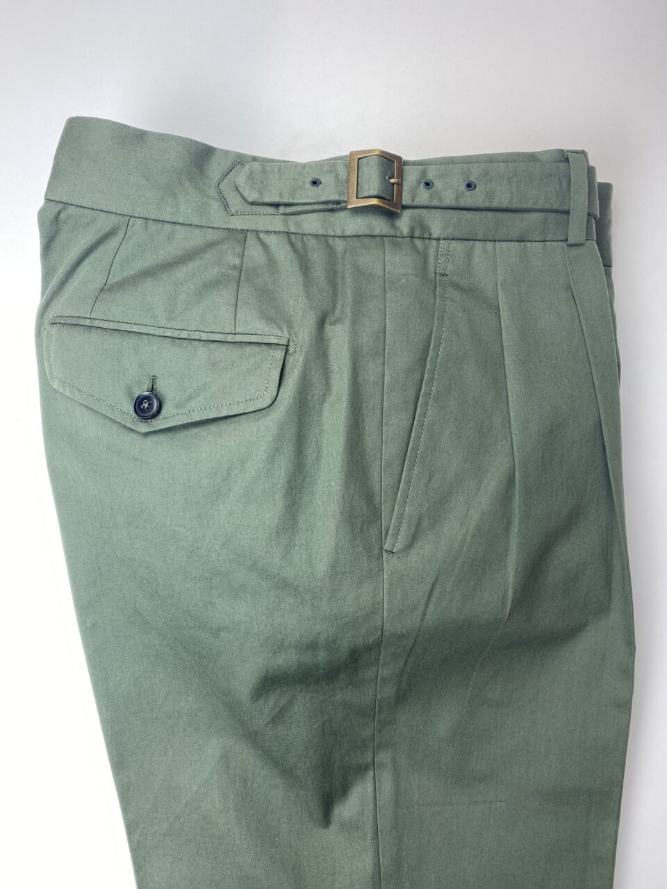 (product) Green Cotton Gurkha Trousers, showing back pocket and adjustable waistband details - custom suits nyc bespoke tailor midtown, noho