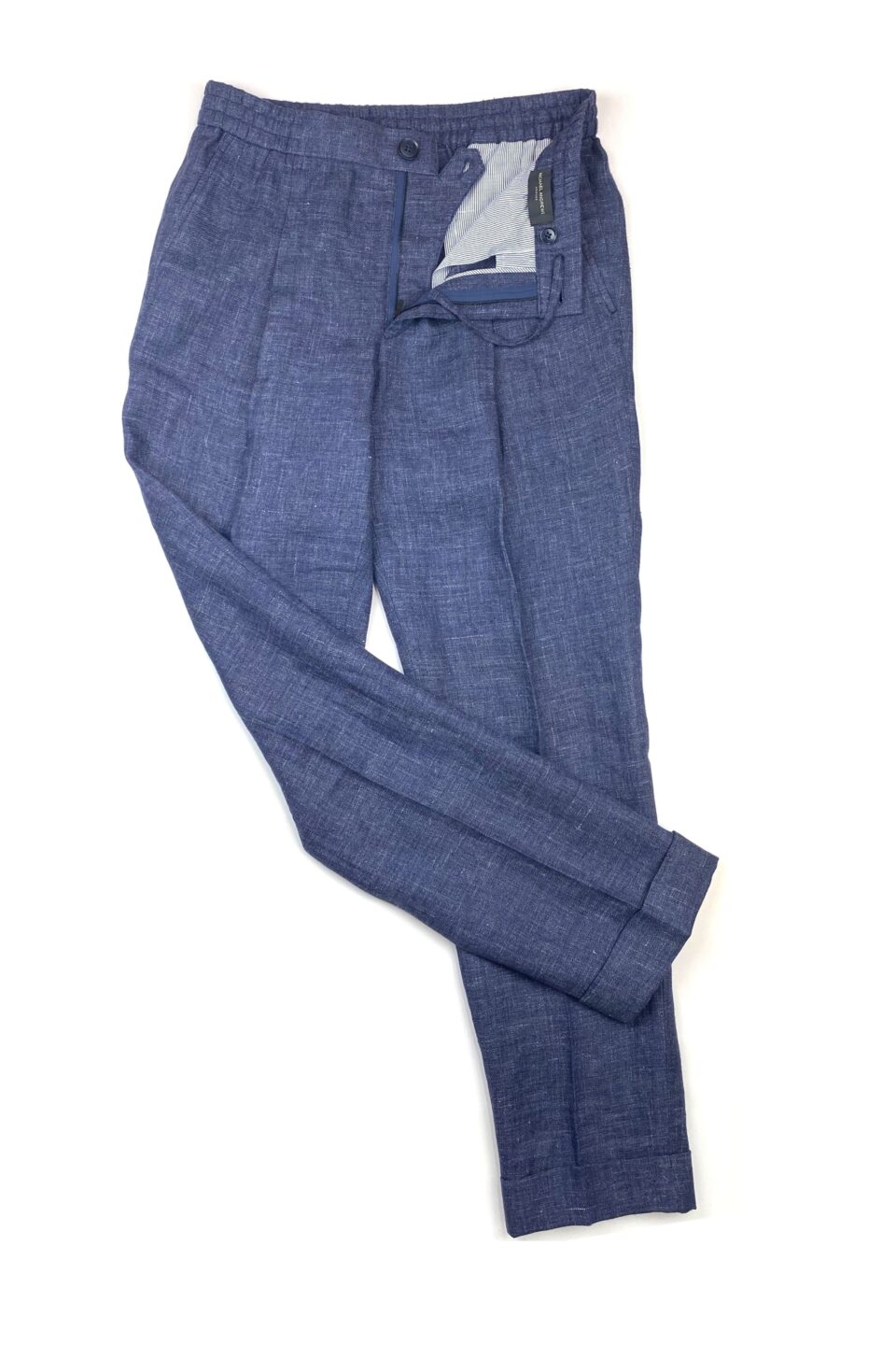 (product) Dark Blue Linen Elastic Waist Pants, displayed flat for detail - custom suits nyc bespoke tailor midtown, noho