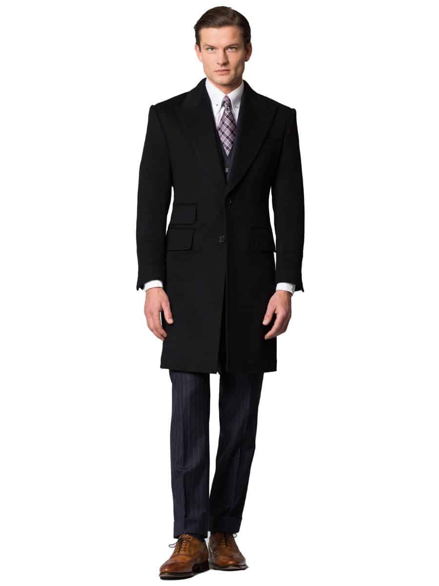 (product) Midnight Blue Overcoat, full-length front view with suit layering - custom suits nyc bespoke tailor midtown, noho
