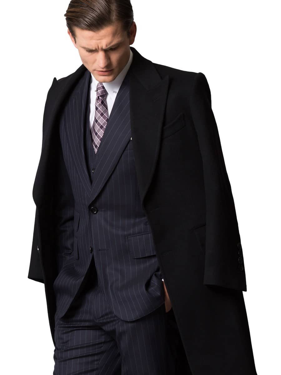 (product) Midnight Blue Overcoat, three-quarter front view showing lapel design - custom suits nyc bespoke tailor midtown, noho