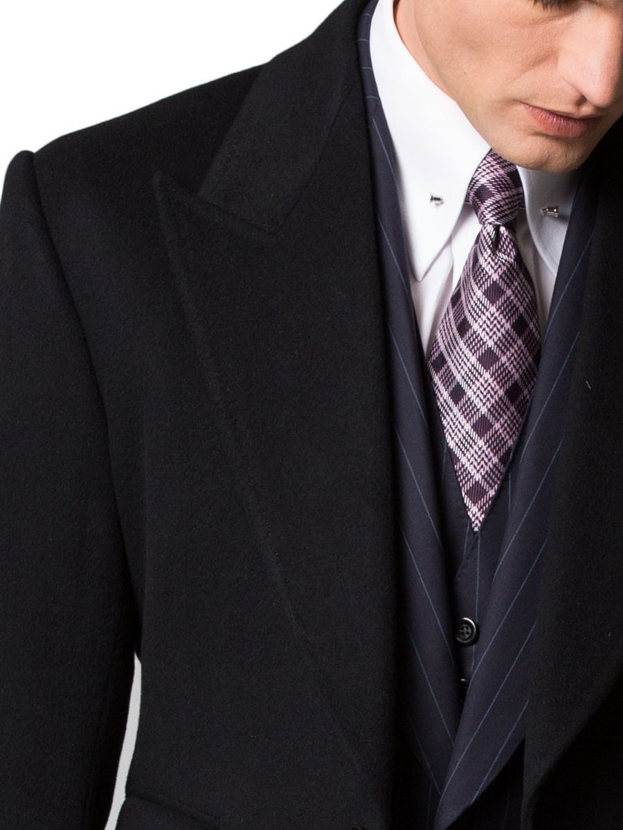 (product) Midnight Blue Overcoat, close-up of the fabric texture and lapel stitching - custom suits nyc bespoke tailor midtown, noho