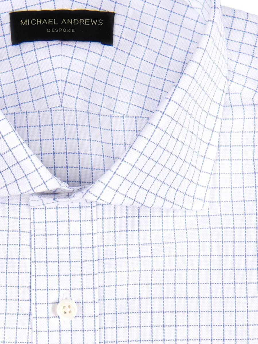 (product) Sky Blue Royal Oxford Check Spread Collar Shirt, close-up view - custom suits nyc bespoke tailor midtown, noho
