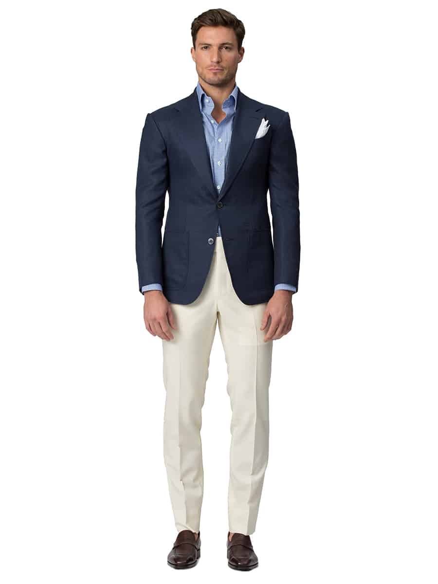(product) Navy Mohair Hopsack Bespoke Sport Coat, front view - custom suits nyc bespoke tailor midtown, noho
