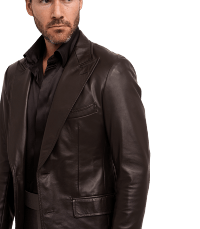 Michael-Andrews-Dark-Brown-Leather-Sport-Coat-Lapel-Detail - custom suits nyc bespoke tailor midtown, noho