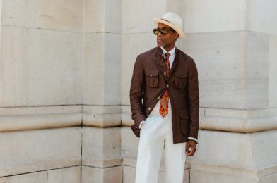 Karl-Edwin Guerre wearing Dormeuil Naturals in Washington Square Park for Look No. 10 of Michael Andrews Bespoke’s 20 for 20 anniversary lookbook.
