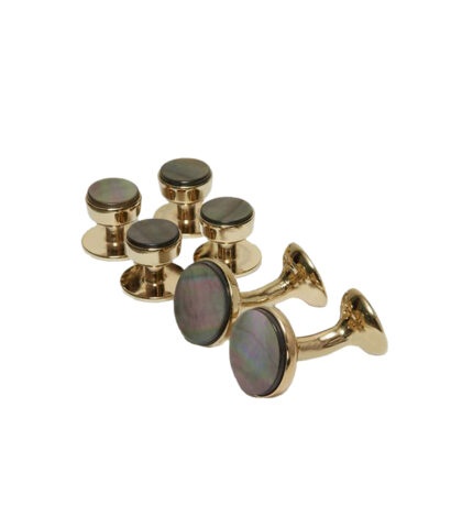 (product) Smokey Mother of Pearl Stud and Cufflink Set (Yellow Gold) - custom suits nyc bespoke tailor midtown, noho