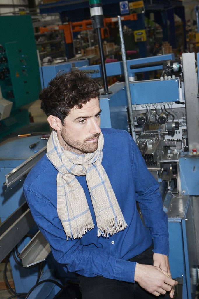 (product) Camel Lightweight Merino Semi-Plain Scarf worn by a model - custom suits nyc bespoke tailor midtown, noho