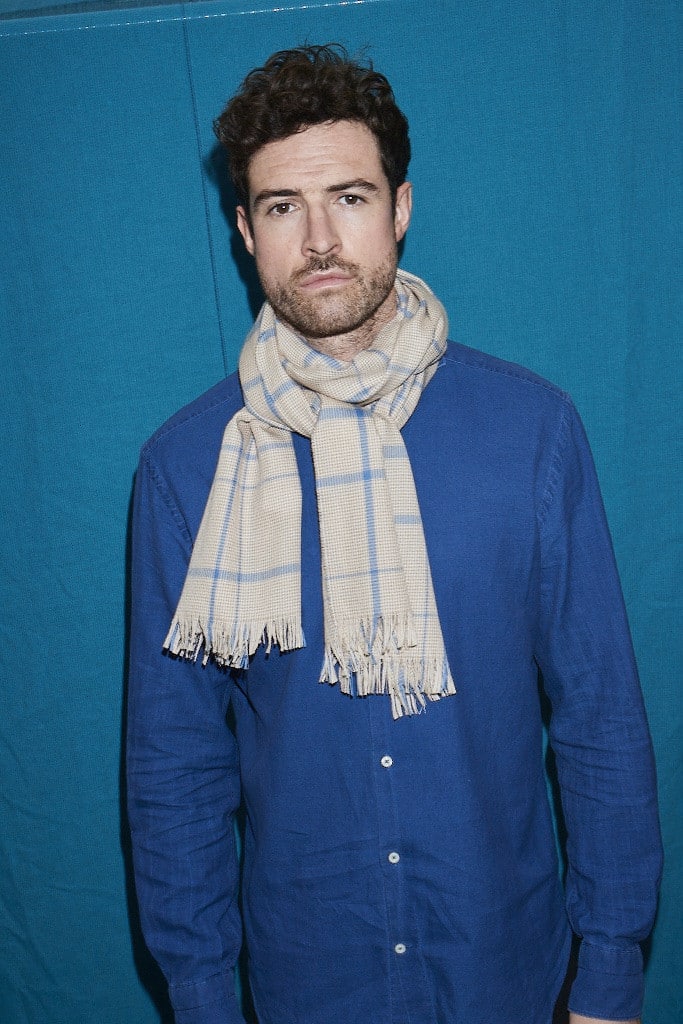 (product) Camel Lightweight Merino Semi-Plain Scarf worn by a model - custom suits nyc bespoke tailor midtown, noho