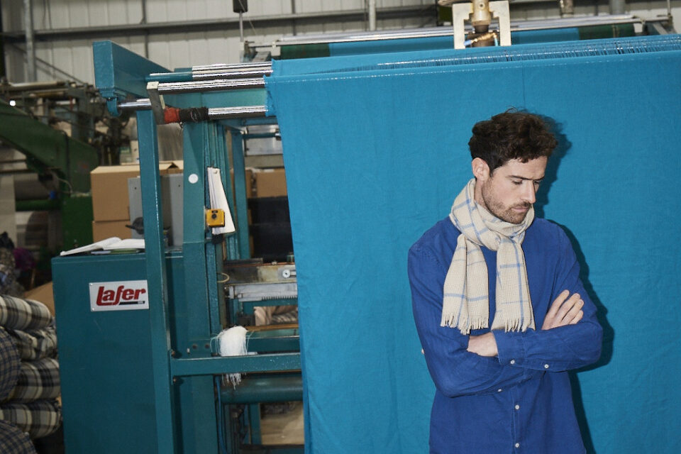 (product) Camel Lightweight Merino Semi-Plain Scarf worn by a model - custom suits nyc bespoke tailor midtown, noho