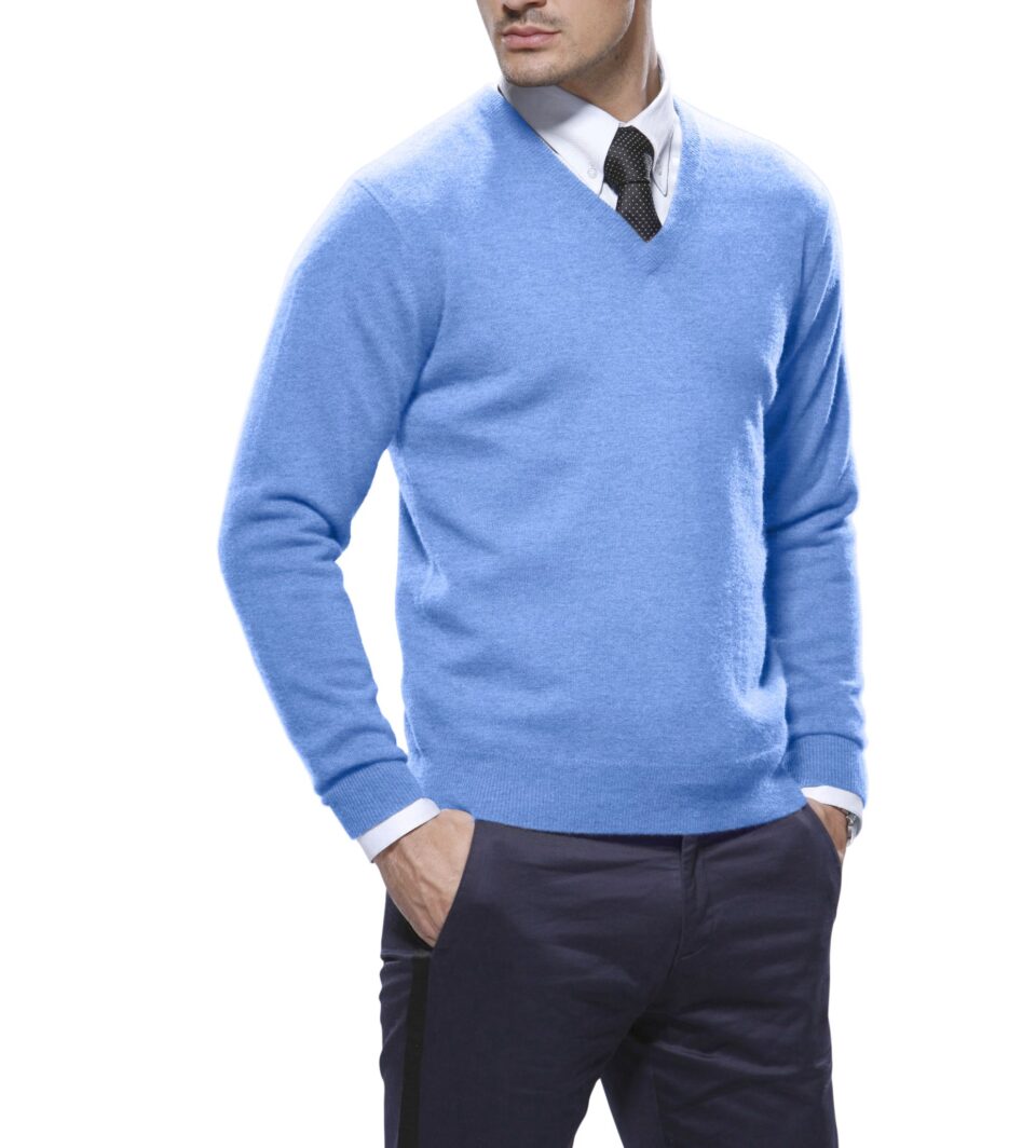 (product) Sky Blue Cashmere V-Neck Sweater - custom suits nyc bespoke tailor midtown, noho