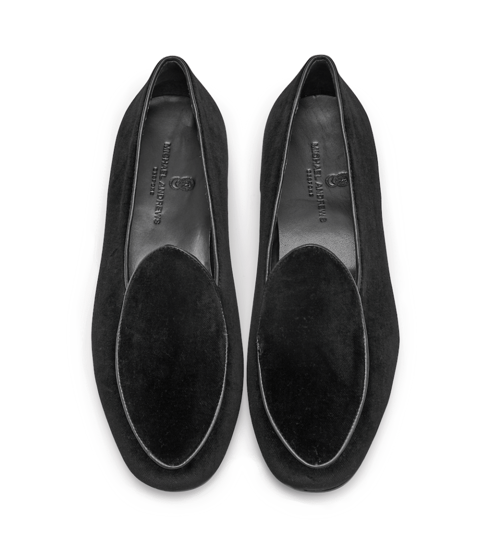 (product) Black Velvet Belgian Slipper, Top view of the pair - custom suits nyc bespoke tailor midtown, noho