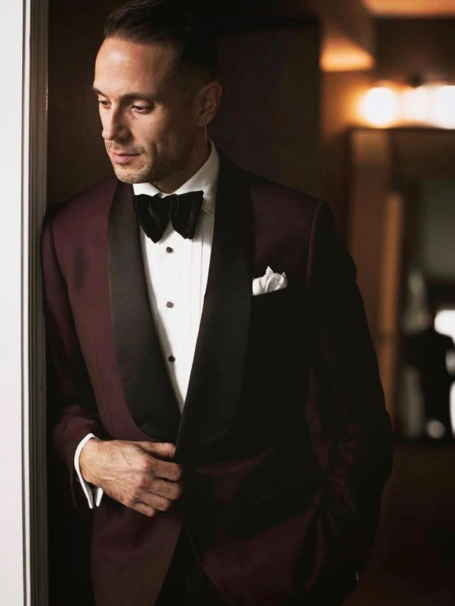 (product) MTM Maroon Sharkskin Dinner Jacket, paired with a white dress shirt and bow tie - custom suits nyc bespoke tailor midtown, noho