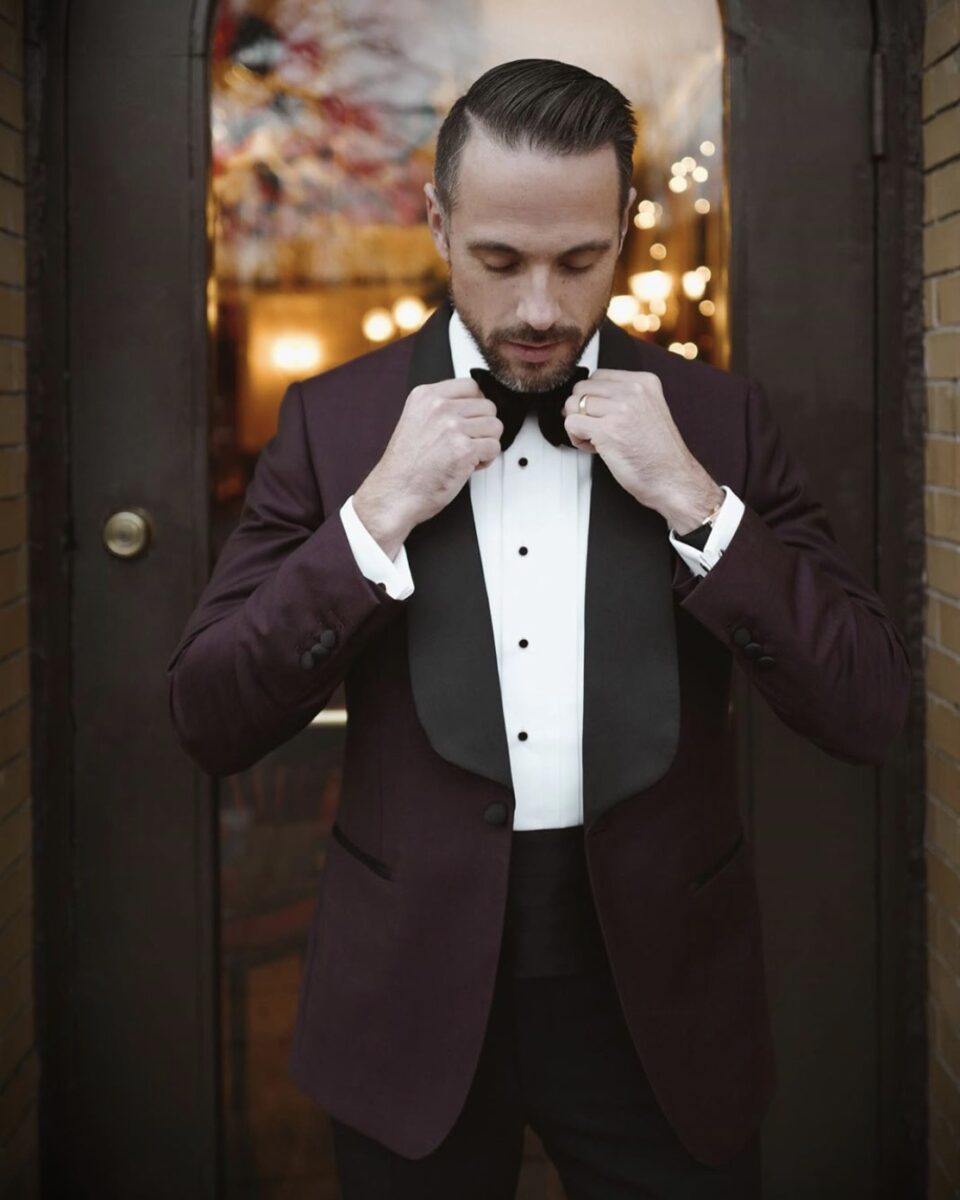 (product) Bespoke Maroon Sharkskin Dinner Jacket, accessorized with a bow tie and pocket square - custom suits nyc bespoke tailor midtown, noho