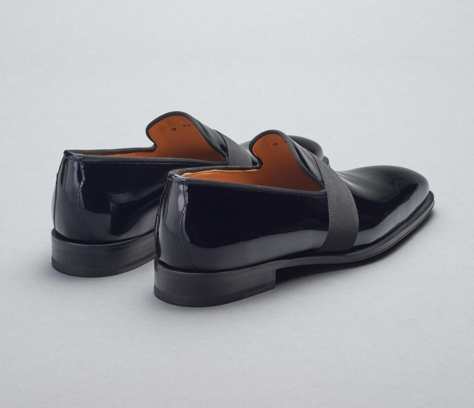 (product) Catania Black Patent Formal Loafer, back pair view - custom suits nyc bespoke tailor midtown, noho