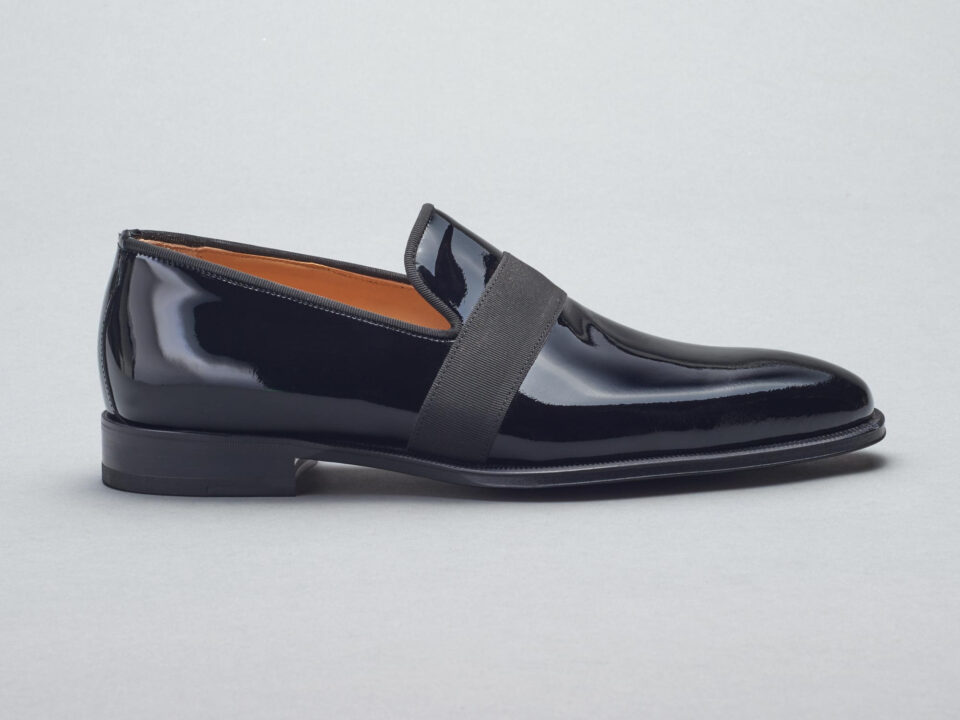(product) Catania Black Patent Formal Loafer, single shoe side view - custom suits nyc bespoke tailor midtown, noho