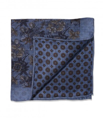 (product) Blue, Grey & Tan Floral & Large Medallion Double Sided Pocket Square, folded - custom suits nyc bespoke tailor midtown, noho