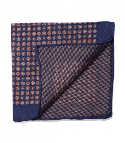 (product) Blue, Pink & Ivory Medallion & Cubes Double Sided Pocket Square, folded - custom suits nyc bespoke tailor midtown, noho
