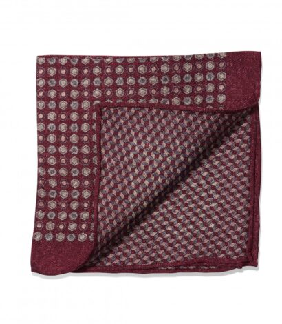 (product) Maroon, Grey & Ivory Medallion & Cubes Double Sided Pocket Square, folded - custom suits nyc bespoke tailor midtown, noho
