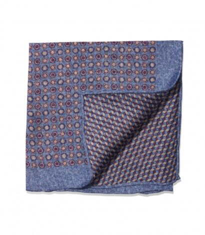 (product) Light Blue, Purple & Ivory Medallion & Cubes Double Sided Pocket Square, folded - custom suits nyc bespoke tailor midtown, noho