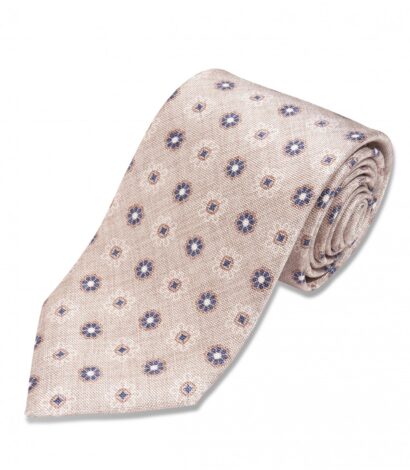 Light Tan with Blue and Brown Flowers Silk Necktie - custom suits nyc bespoke tailor midtown, noho