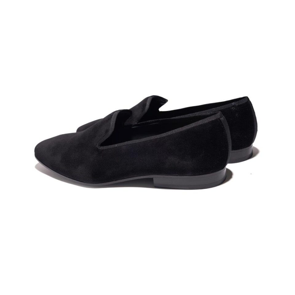 (product) Black Velvet Slip-On Tuxedo Shoe, angled pair view - custom suits nyc bespoke tailor midtown, noho