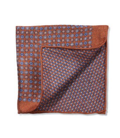 (product) Orange, Blue & Ivory Medallion & Cubes Double Sided Pocket Square, folded - custom suits nyc bespoke tailor midtown, noho