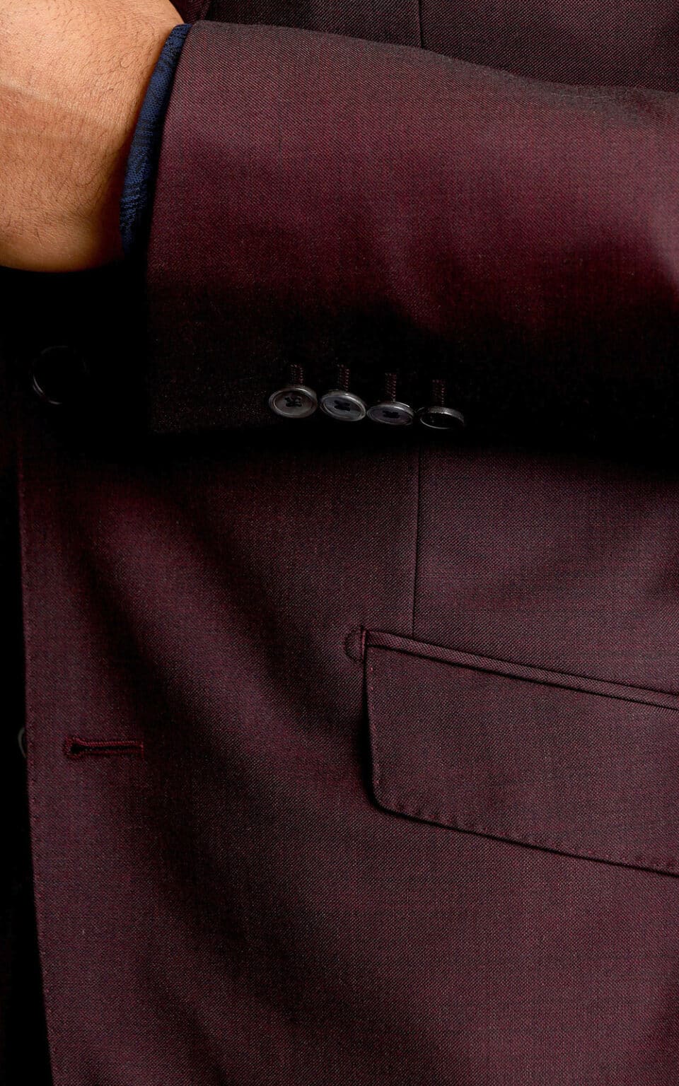 (product) Maroon Sharkskin Two-Button Wool MTM Sport Coat, cuff detail - custom suits nyc bespoke tailor midtown, noho
