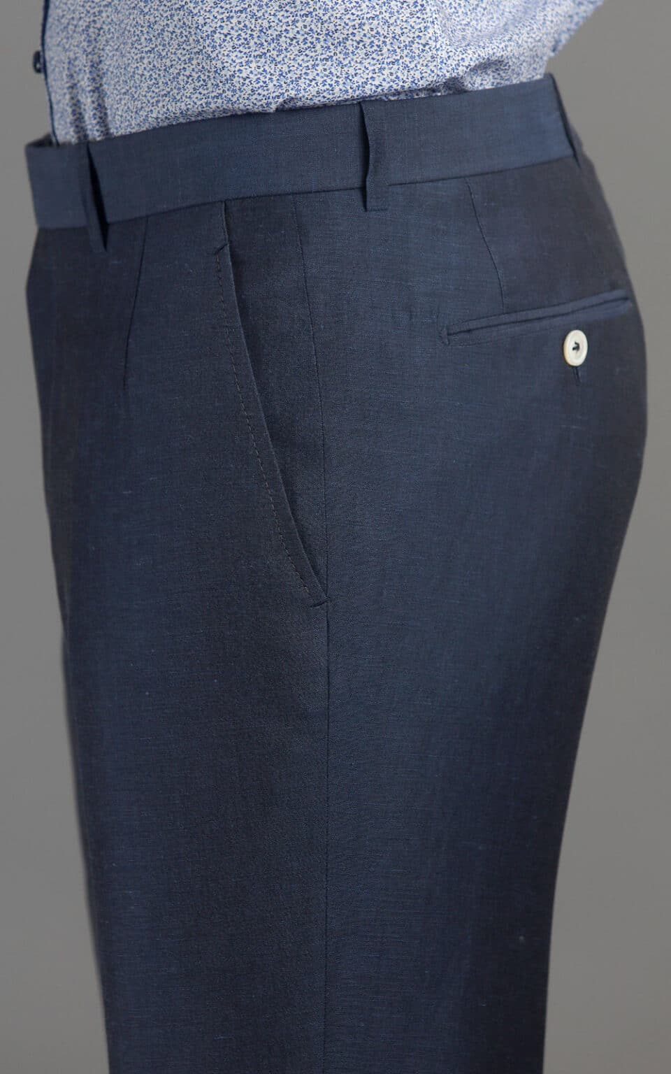 (product) Medium Blue Wool Linen MTM Suit, pants side detail - custom suits nyc bespoke tailor midtown, noho