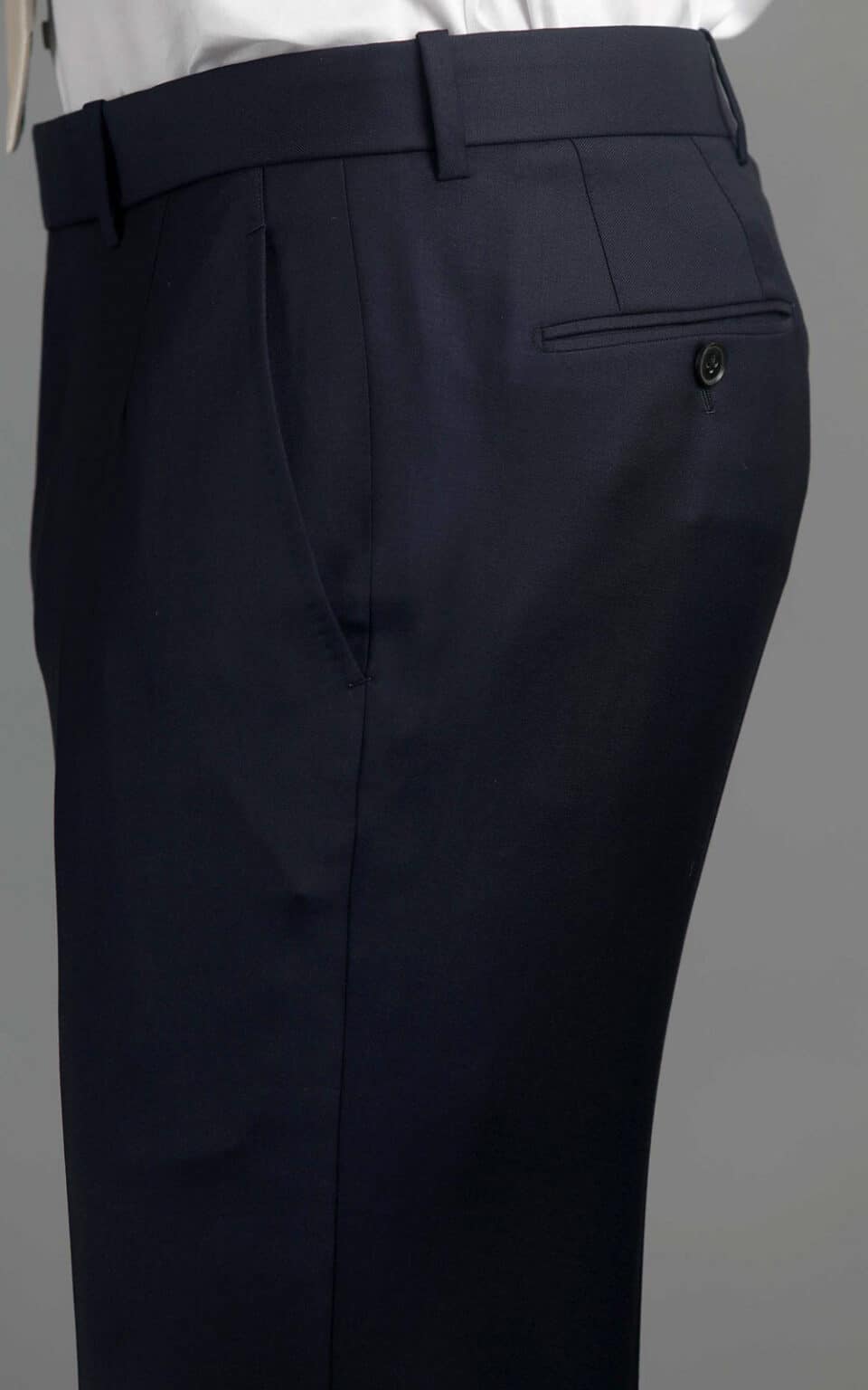 (product) Navy Blue Twill MTM Suit, pants detail, side view - custom suits nyc bespoke tailor midtown, noho