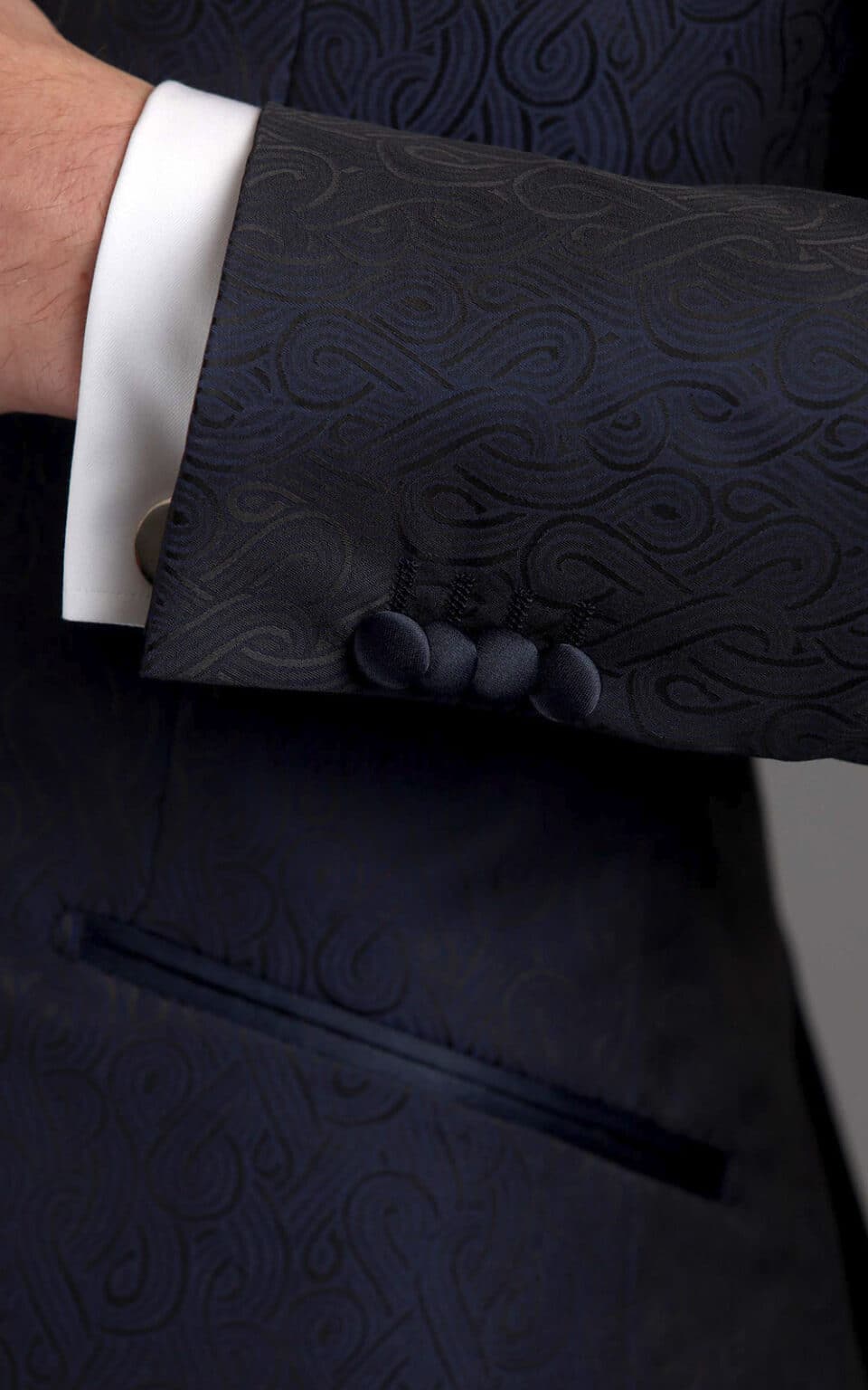 (product) Navy Blue Geo Pattern One-Button MTM Dinner Jacket, cuff detail - custom suits nyc bespoke tailor midtown, noho
