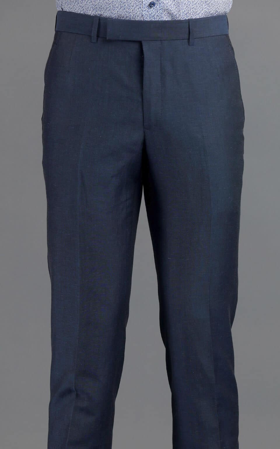 (product) Medium Blue Wool Linen MTM Suit, pants detail, front view - custom suits nyc bespoke tailor midtown, noho