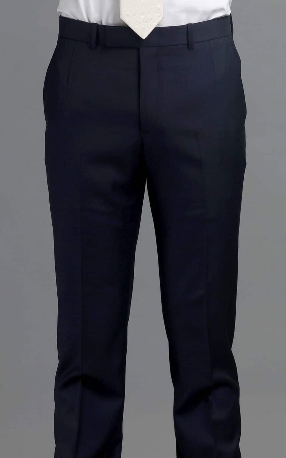 (product) Navy Blue Twill MTM Suit, pants detail, front detail - custom suits nyc bespoke tailor midtown, noho