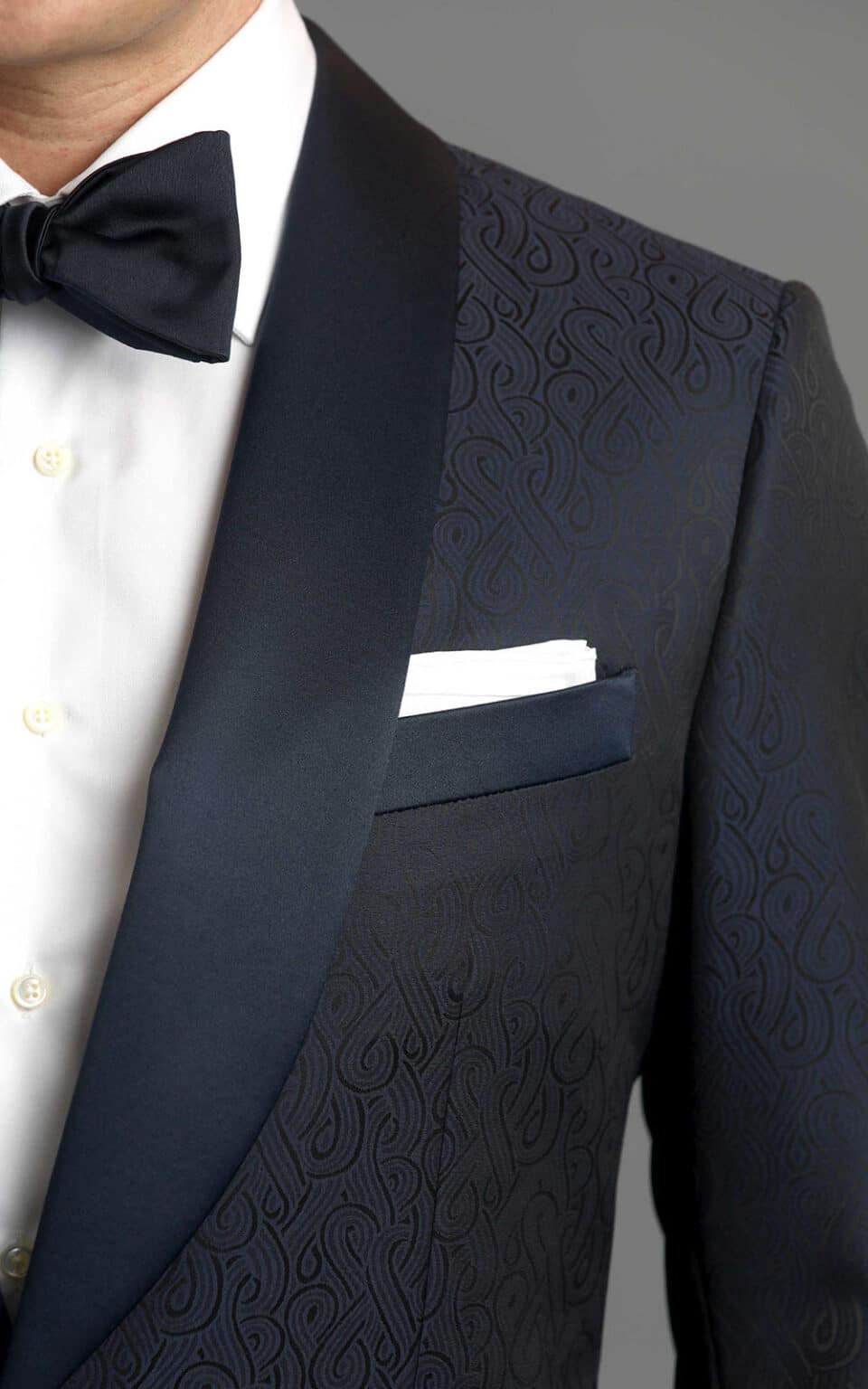(product) Navy Blue Geo Pattern One-Button MTM Dinner Jacket, lapel detail - custom suits nyc bespoke tailor midtown, noho
