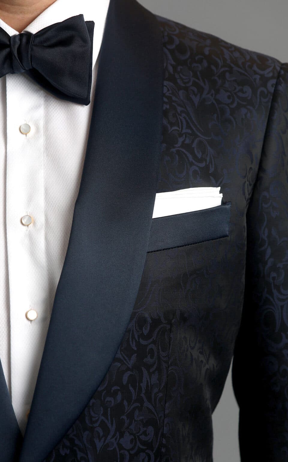 (product) Blue Floral Jacquard One-Button MTM Dinner Jacket, lapel detail - custom suits nyc bespoke tailor midtown, noho