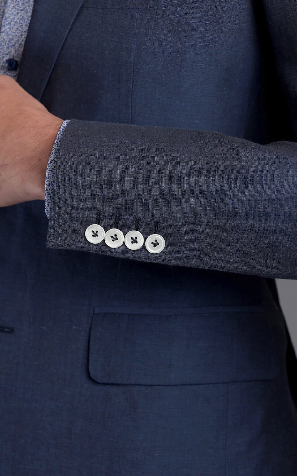 (product) Medium Blue Wool Linen MTM Suit, cuff detail - custom suits nyc bespoke tailor midtown, noho