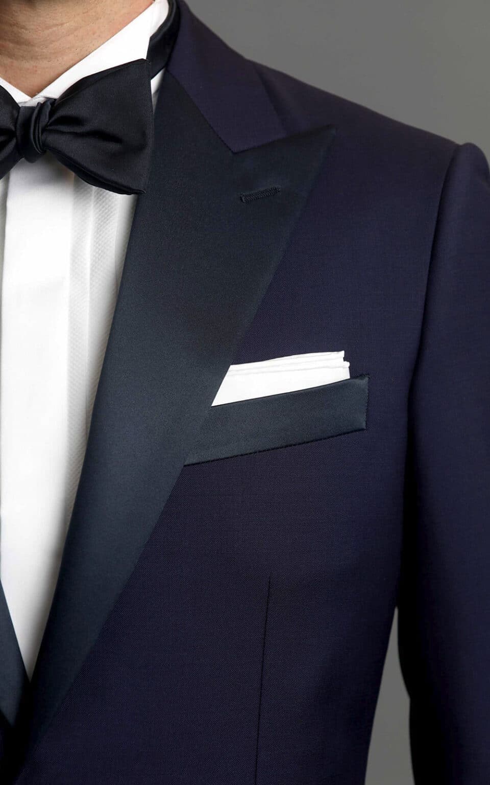 (product) Royal Blue One-Button MTM Tuxedo with Navy Satin Trim, lapel detail - custom suits nyc bespoke tailor midtown, noho