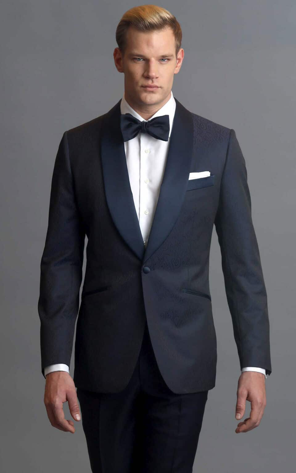 (product) Navy Blue Geo Pattern One-Button MTM Dinner Jacket - custom suits nyc bespoke tailor midtown, noho
