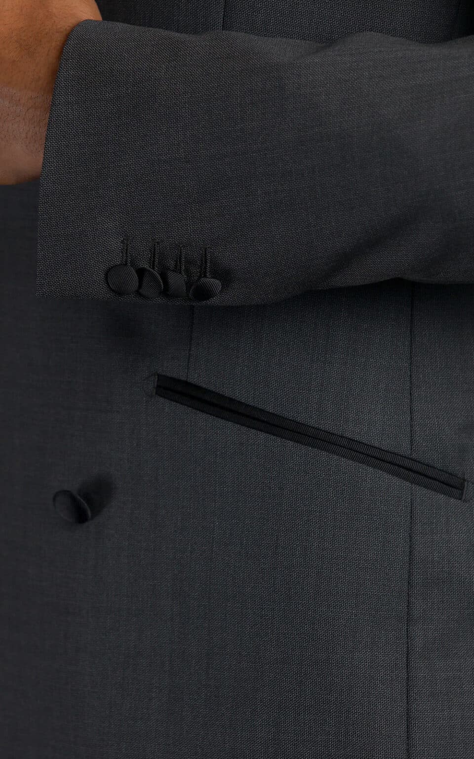 (product) Grey Double-Breasted Wool MTM Tuxedo with Contrast Black Satin Trim, cuff detail - custom suits nyc bespoke tailor midtown, noho