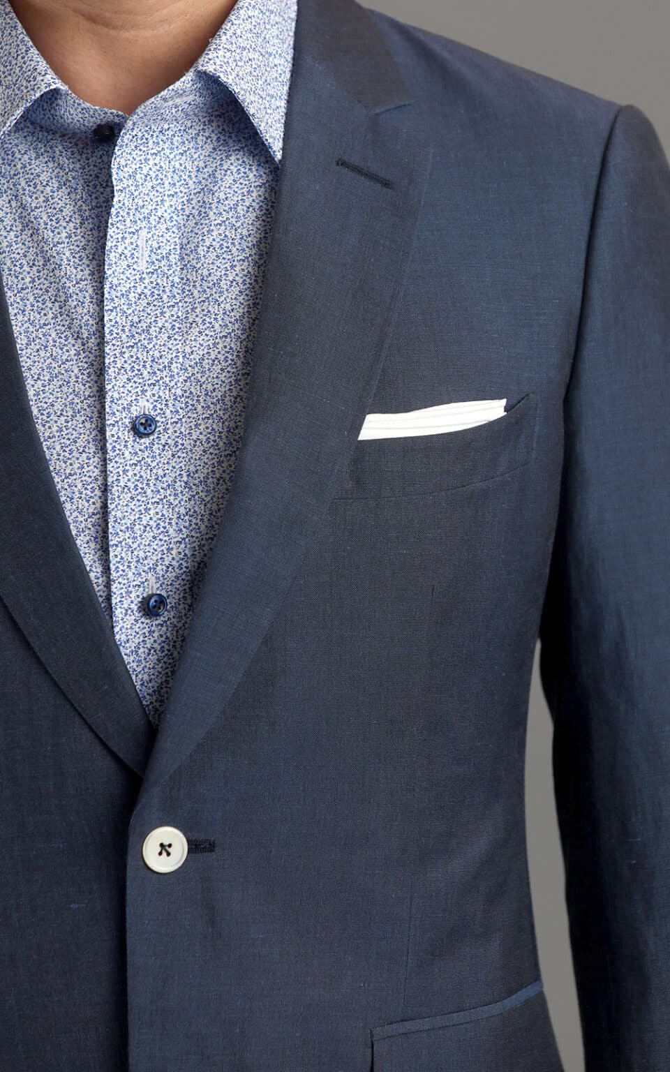 (product) Medium Blue Wool Linen MTM Suit, lapel detail - custom suits nyc bespoke tailor midtown, noho