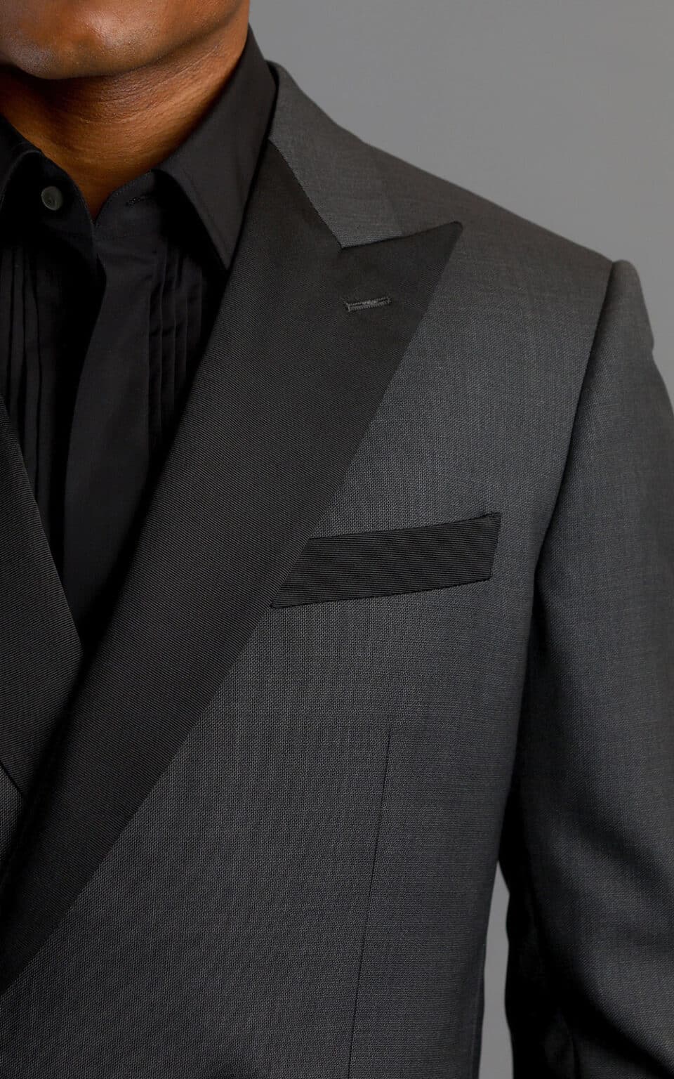 (product) Grey Double-Breasted Wool MTM Tuxedo with Contrast Black Satin Trim, lapel detail - custom suits nyc bespoke tailor midtown, noho