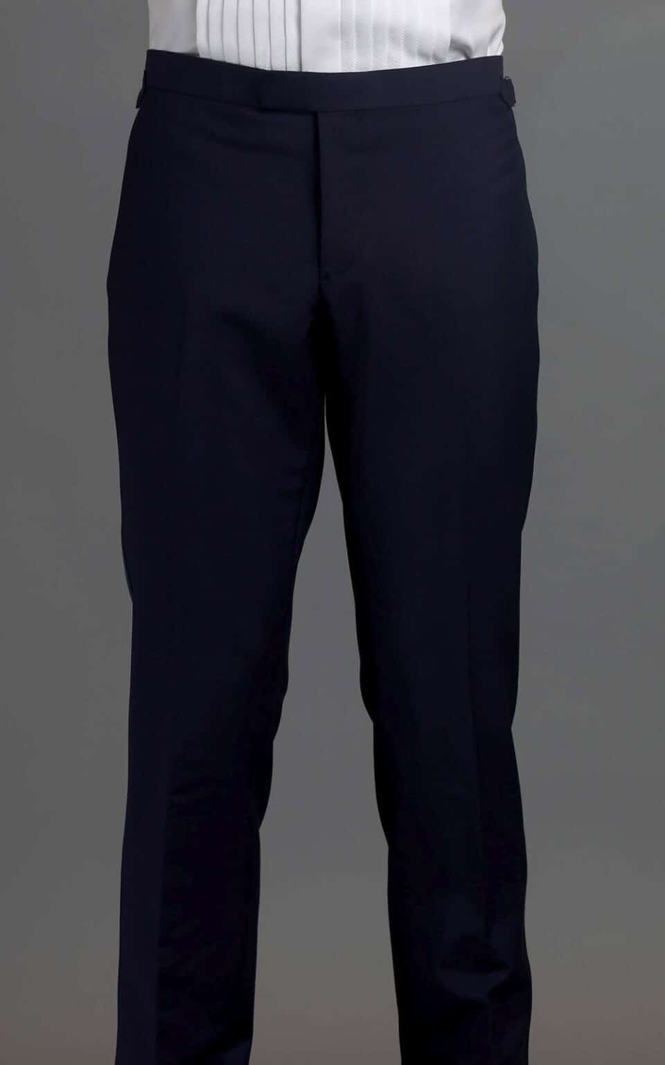 (product) Royal Blue One-Button MTM Tuxedo with Navy Satin Trim, pants detail - custom suits nyc bespoke tailor midtown, noho