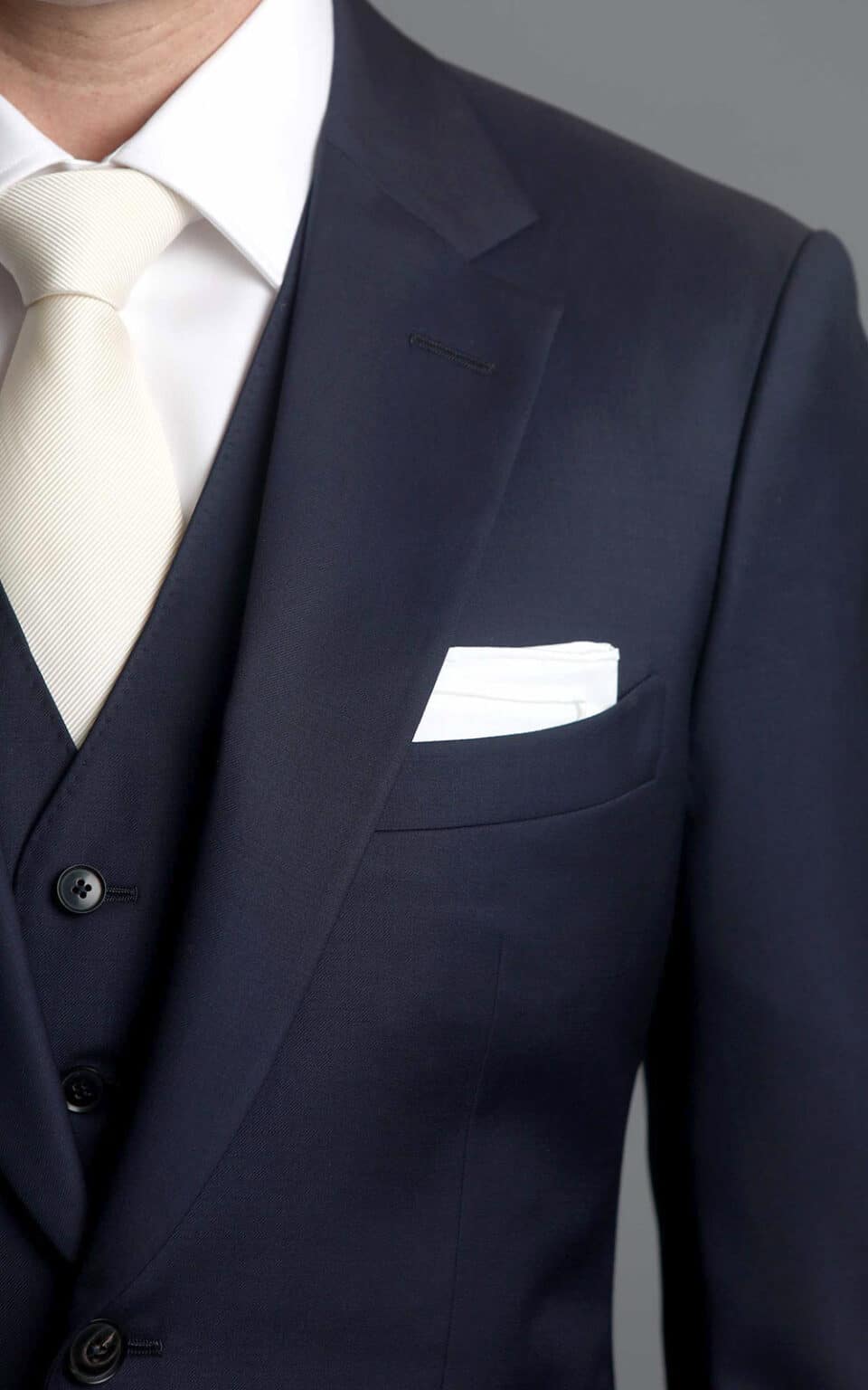 (product) Navy Blue Twill MTM Suit, lapel detail - custom suits nyc bespoke tailor midtown, noho