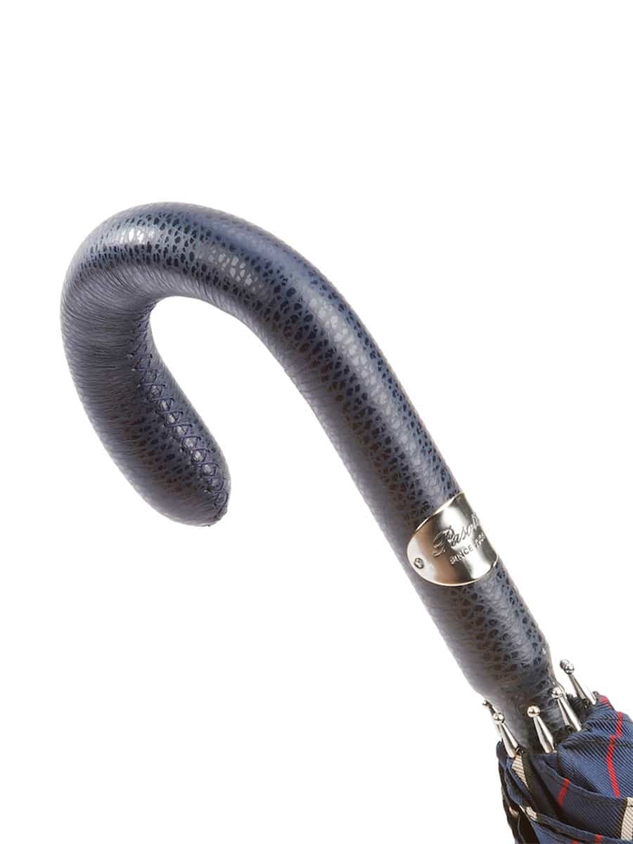 (product) Navy Striped Umbrella with Leather Handle, Handle detail - custom suits nyc bespoke tailor midtown, noho