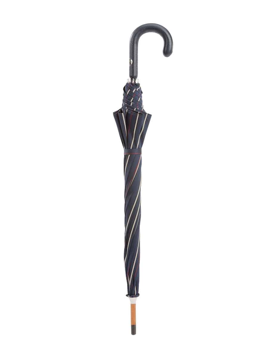 (product) Navy Striped Umbrella with Leather Handle, Closed view - custom suits nyc bespoke tailor midtown, noho